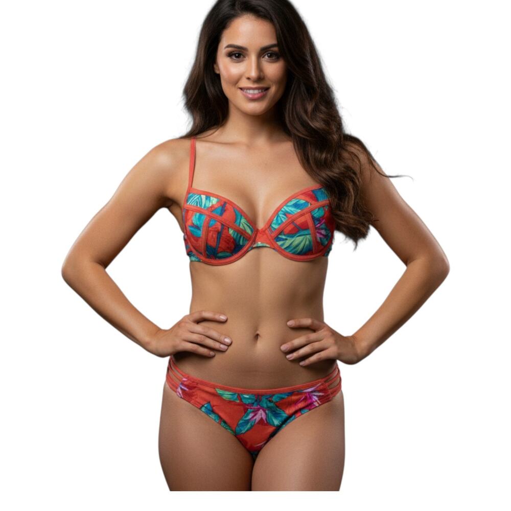 Xhilaration Bikini Set Underwire Top M Bottom L Strappy Hip Red Green Cagey Sexy